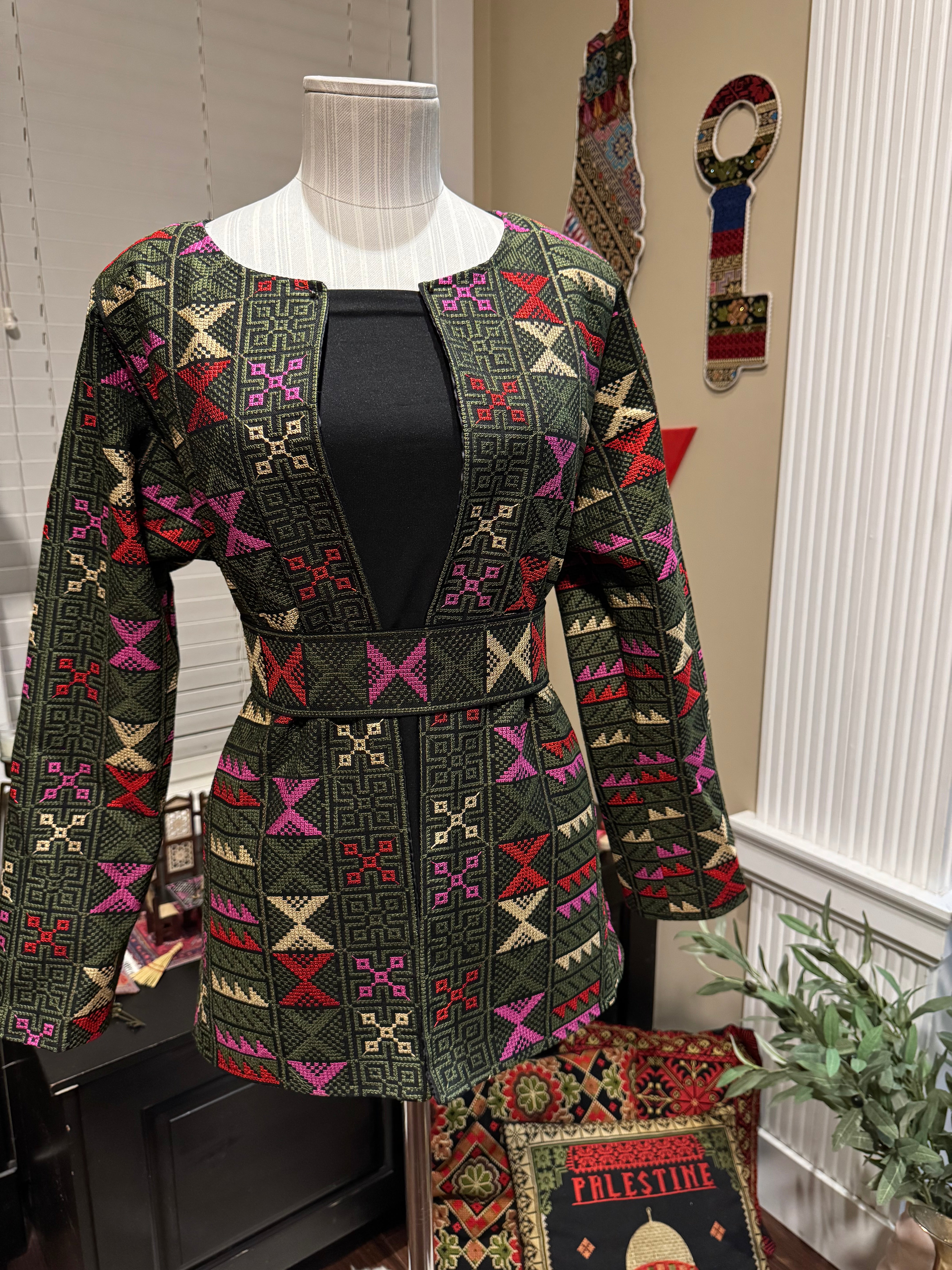 Palestinian Embroidery Blazer with belt .