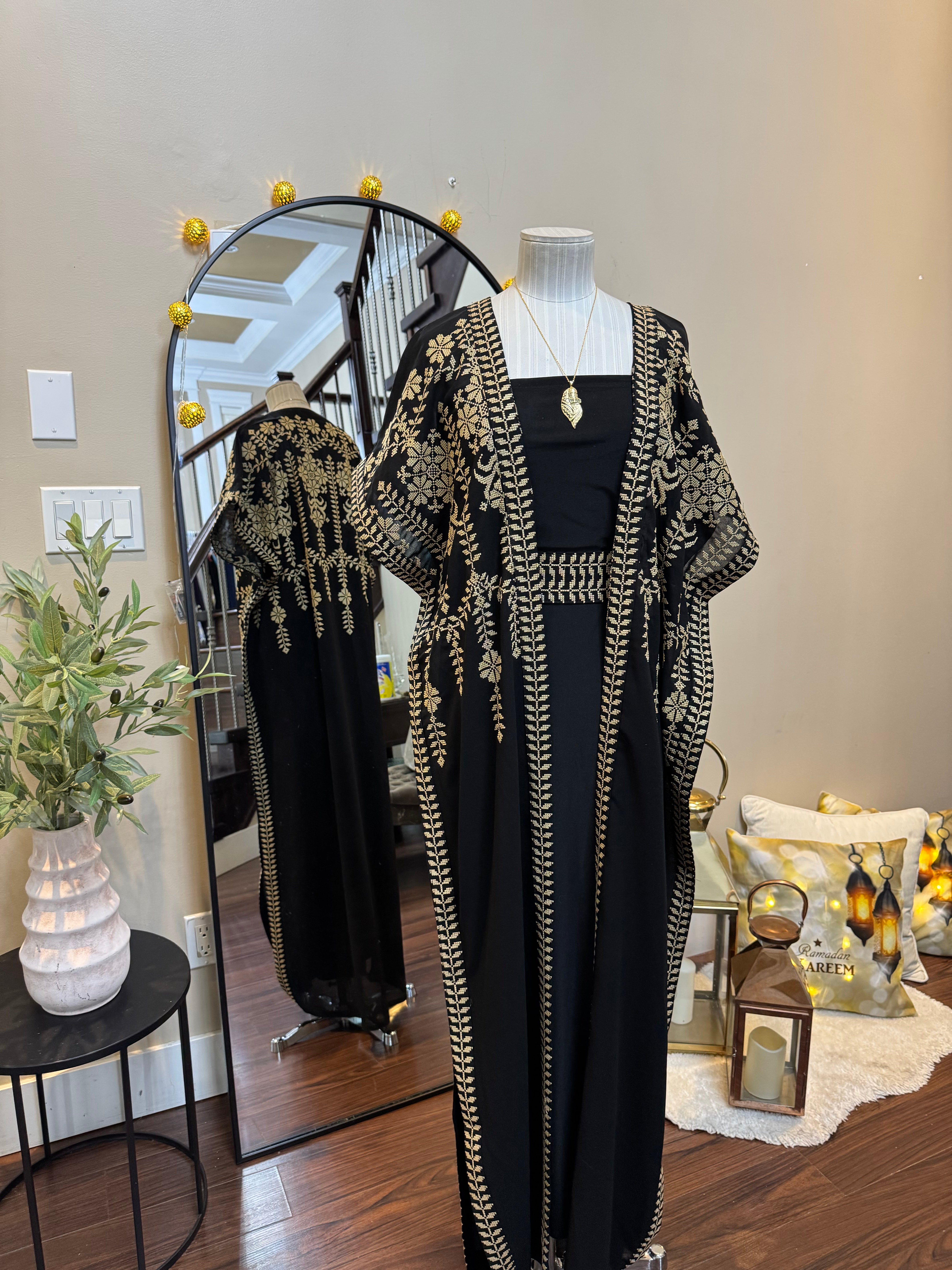 Palestinian Embroidered Black Bisht with Golden Sable Pattern