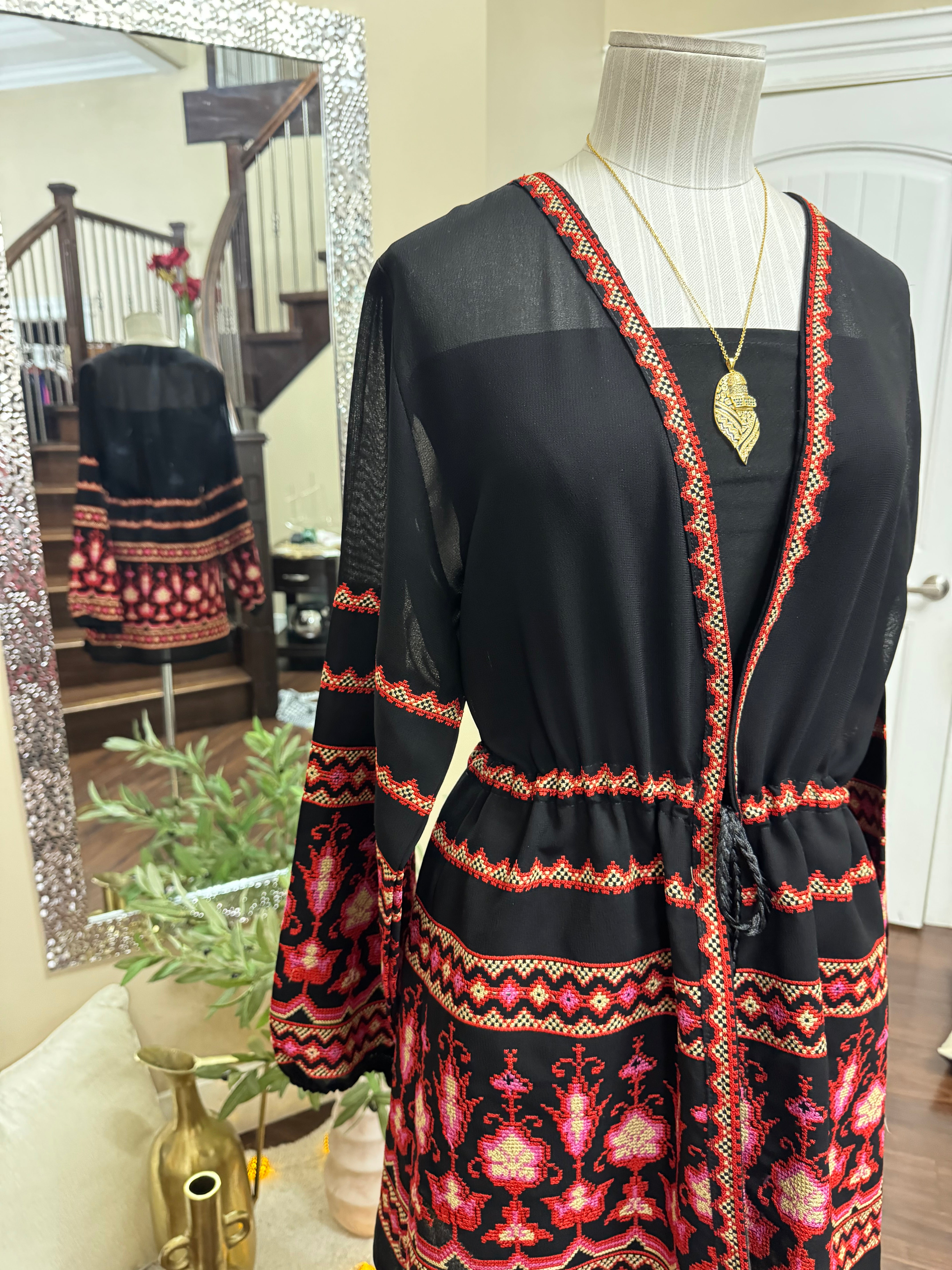 Embroidered Puffer Jacket - Black and Red