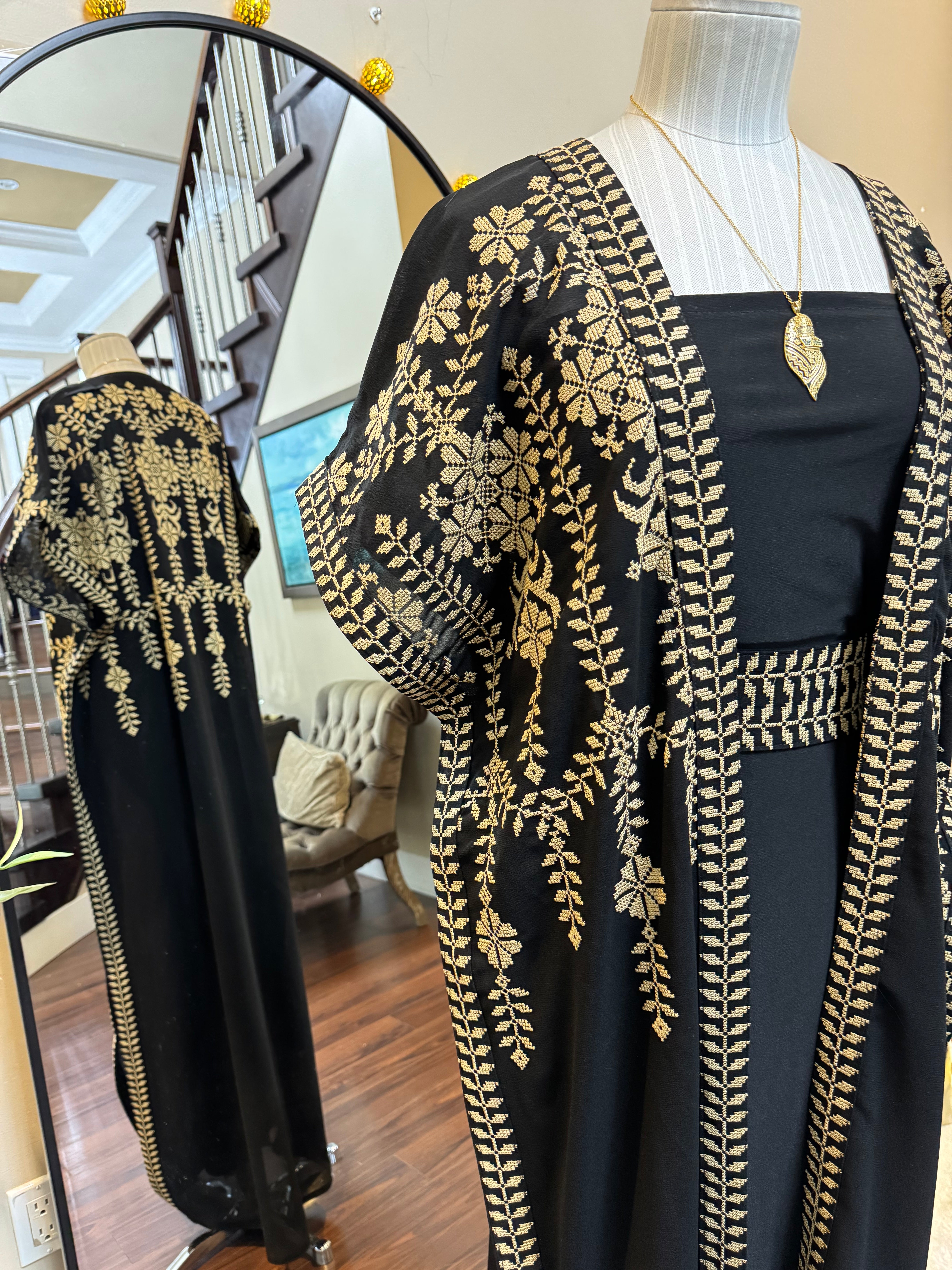 Palestinian Embroidered Black Bisht with Golden Sable Pattern