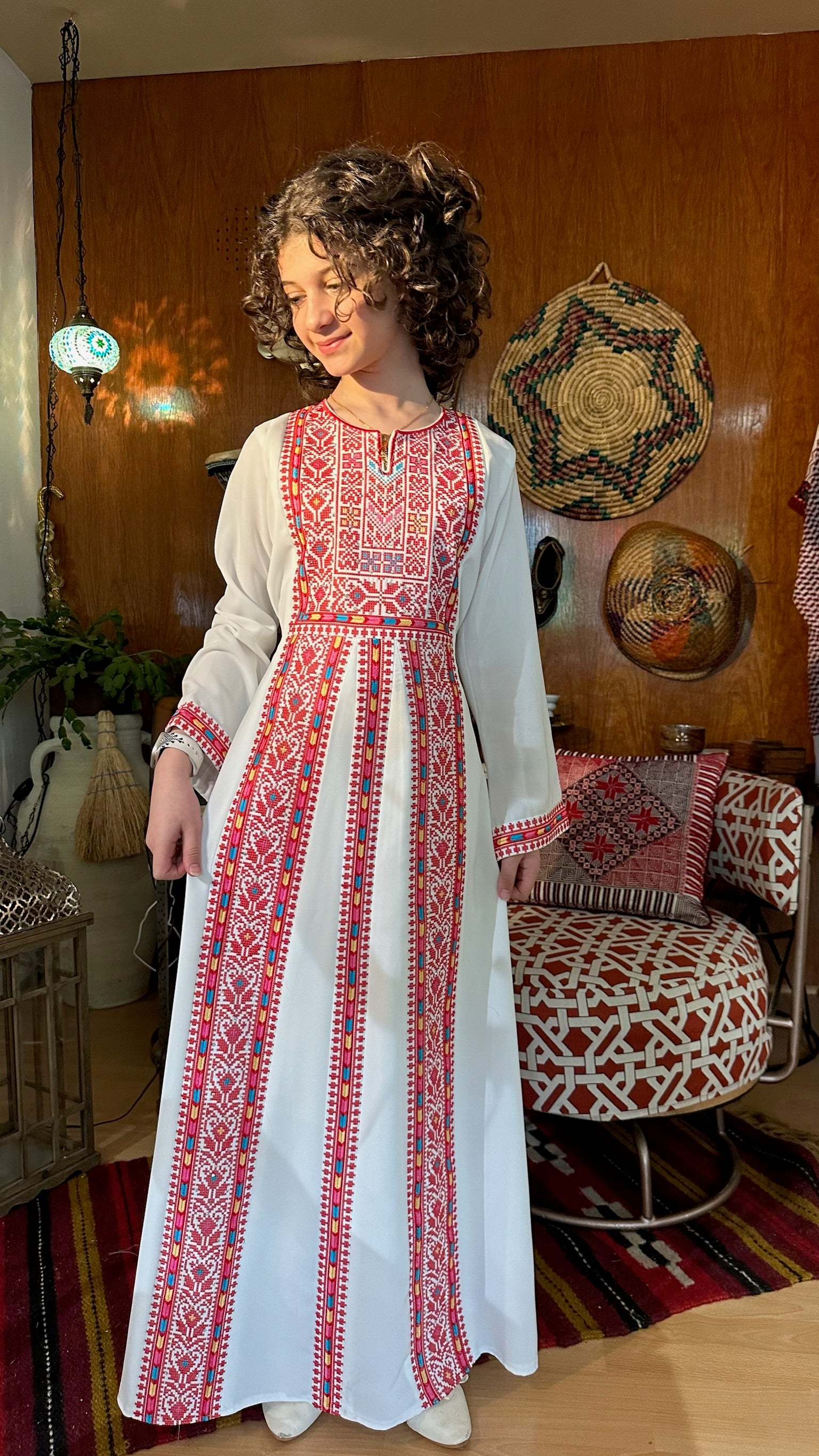 Embroidery Palestinian Girl Dress Thobe Tatreez (White with Red)