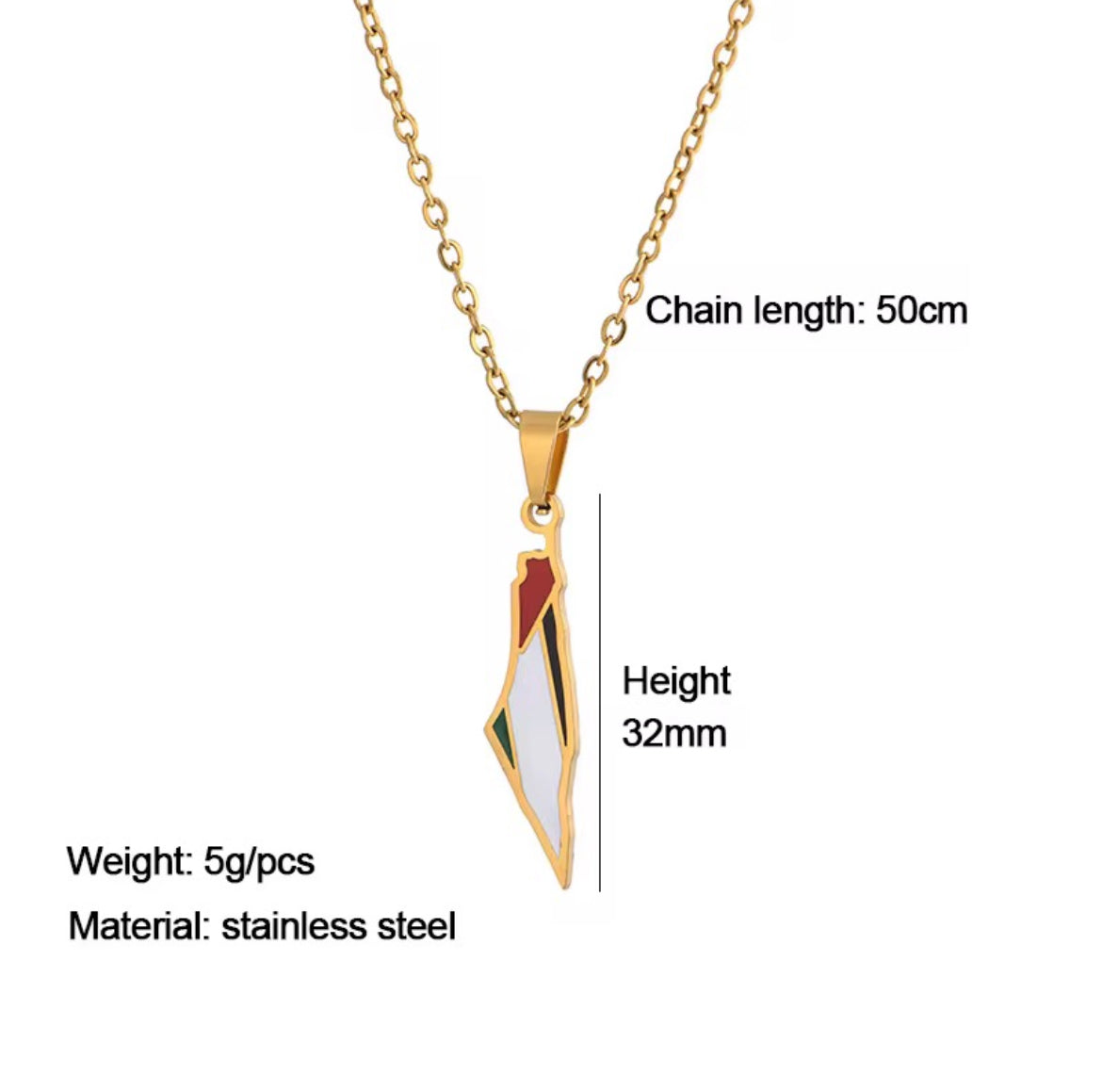 Stainless steel Palestine map necklace colored with the Palestinian flag