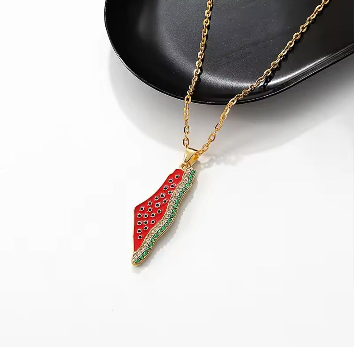 Gold Palestine Map Necklace – Watermelon Design with Rhinestone Accents 🍉