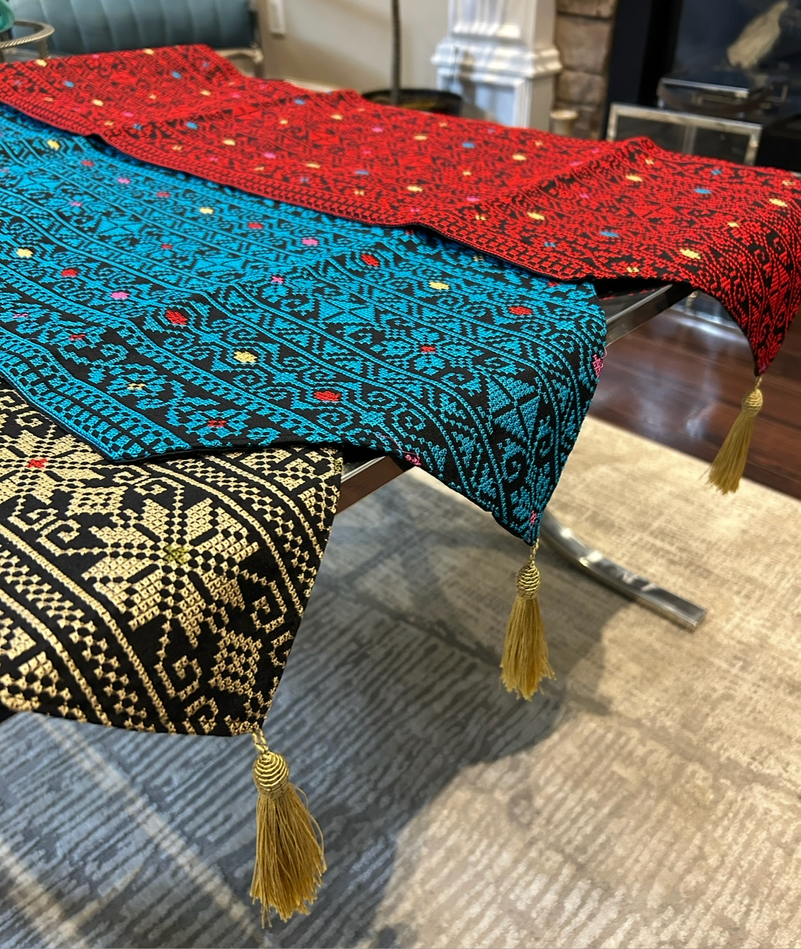 Palestinian Embroidered Table Runners with Tassels (Beige, Blue and red )
