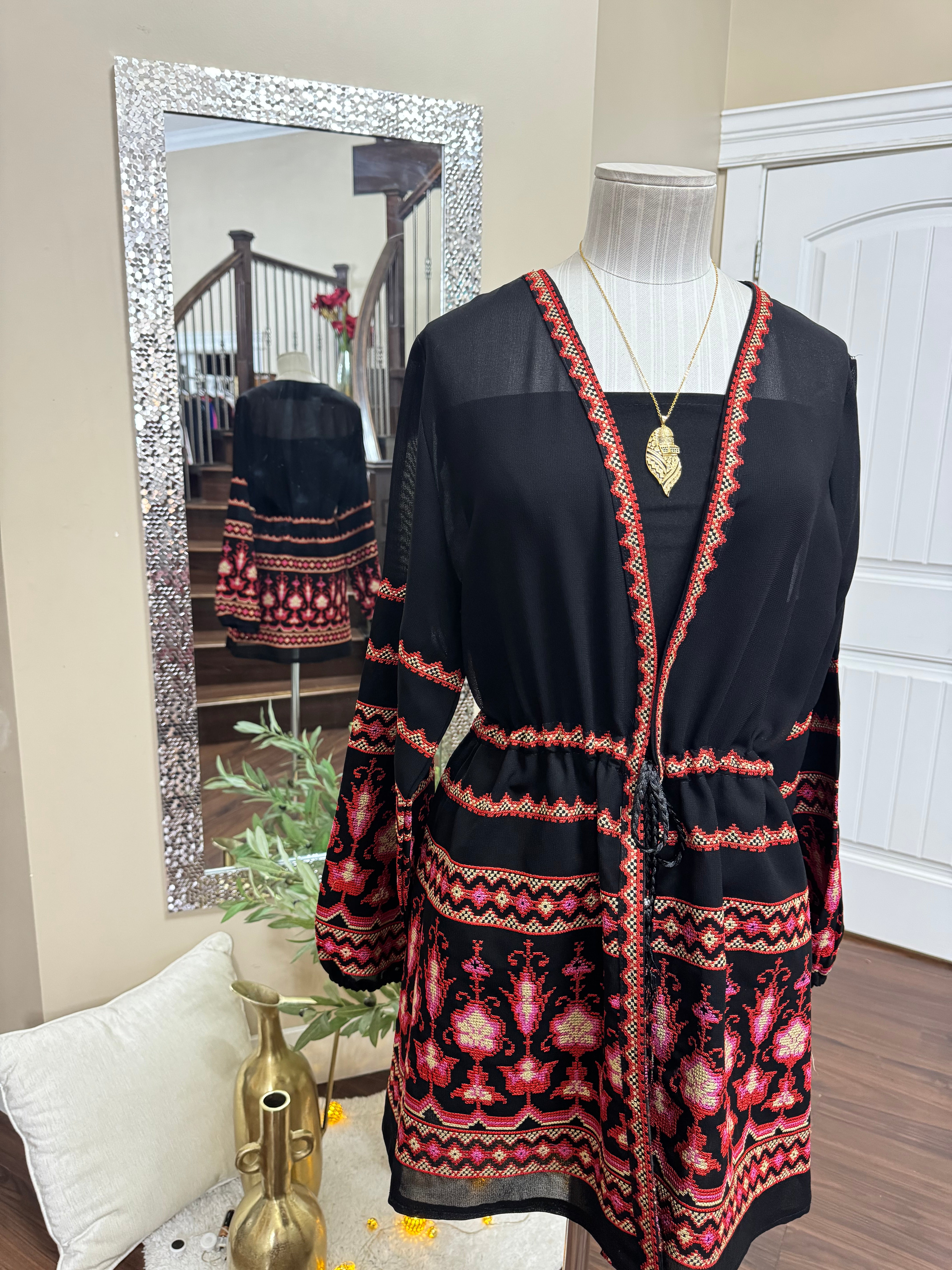 Embroidered Puffer Jacket - Black and Red