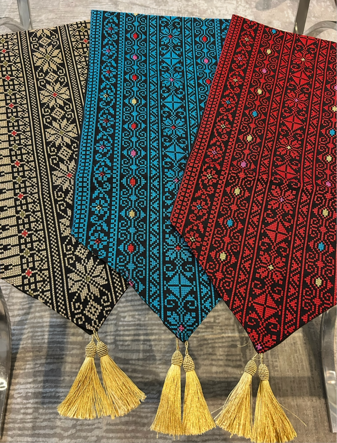 Palestinian Embroidered Table Runners with Tassels (Beige, Blue and red )