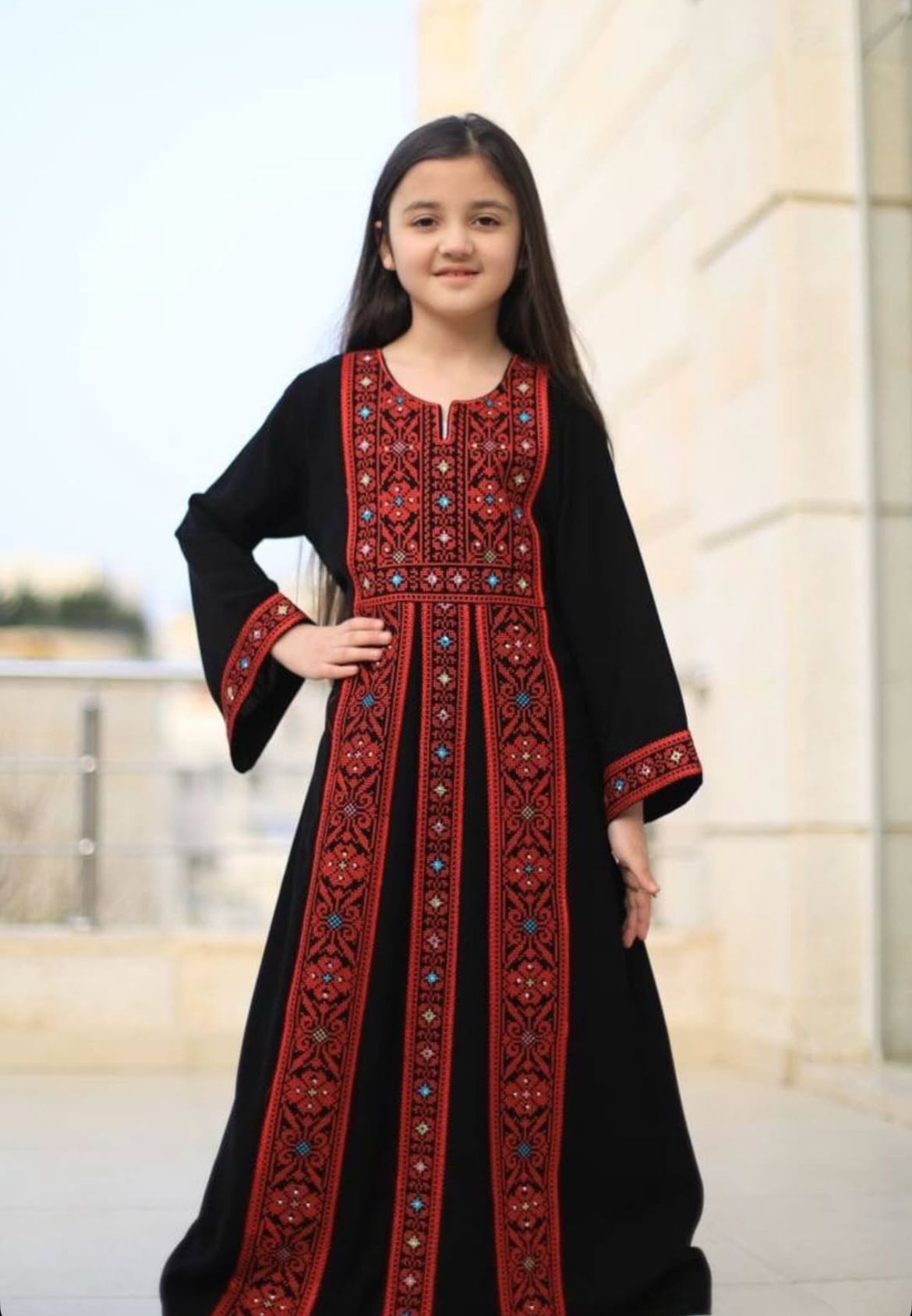 Embroidery Palestinian Girl Dress Thobe Tatreez  (Black with  Red)