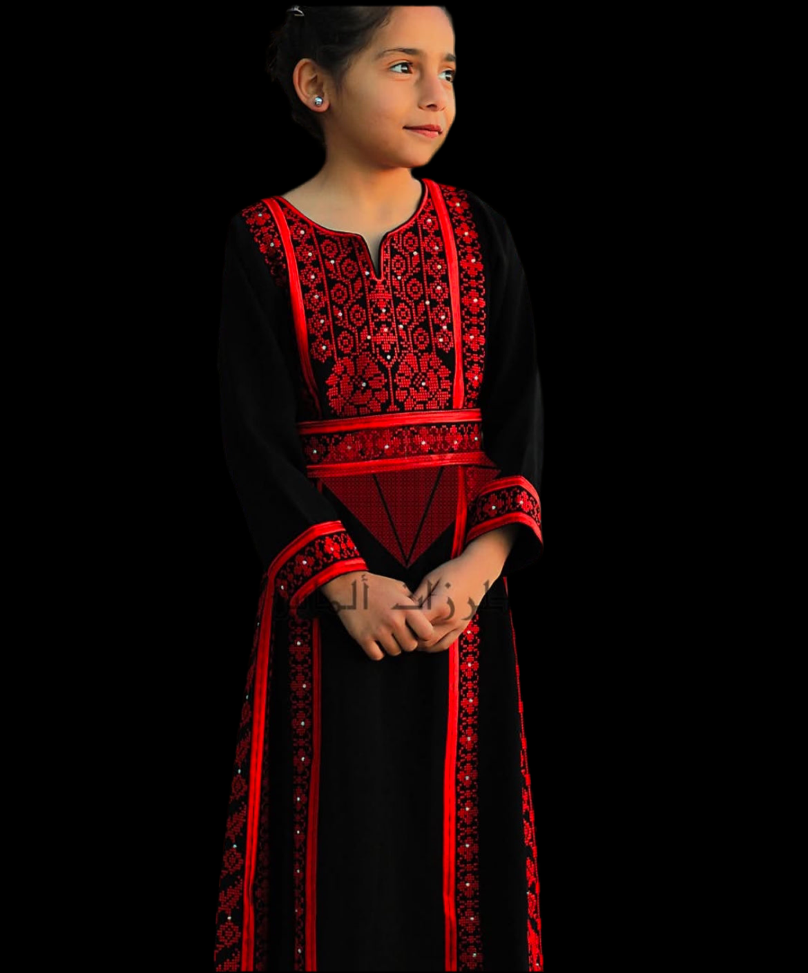 Embroidery Palestinian Girl Dress Thobe Tatreez with belt  (Black with  Red)