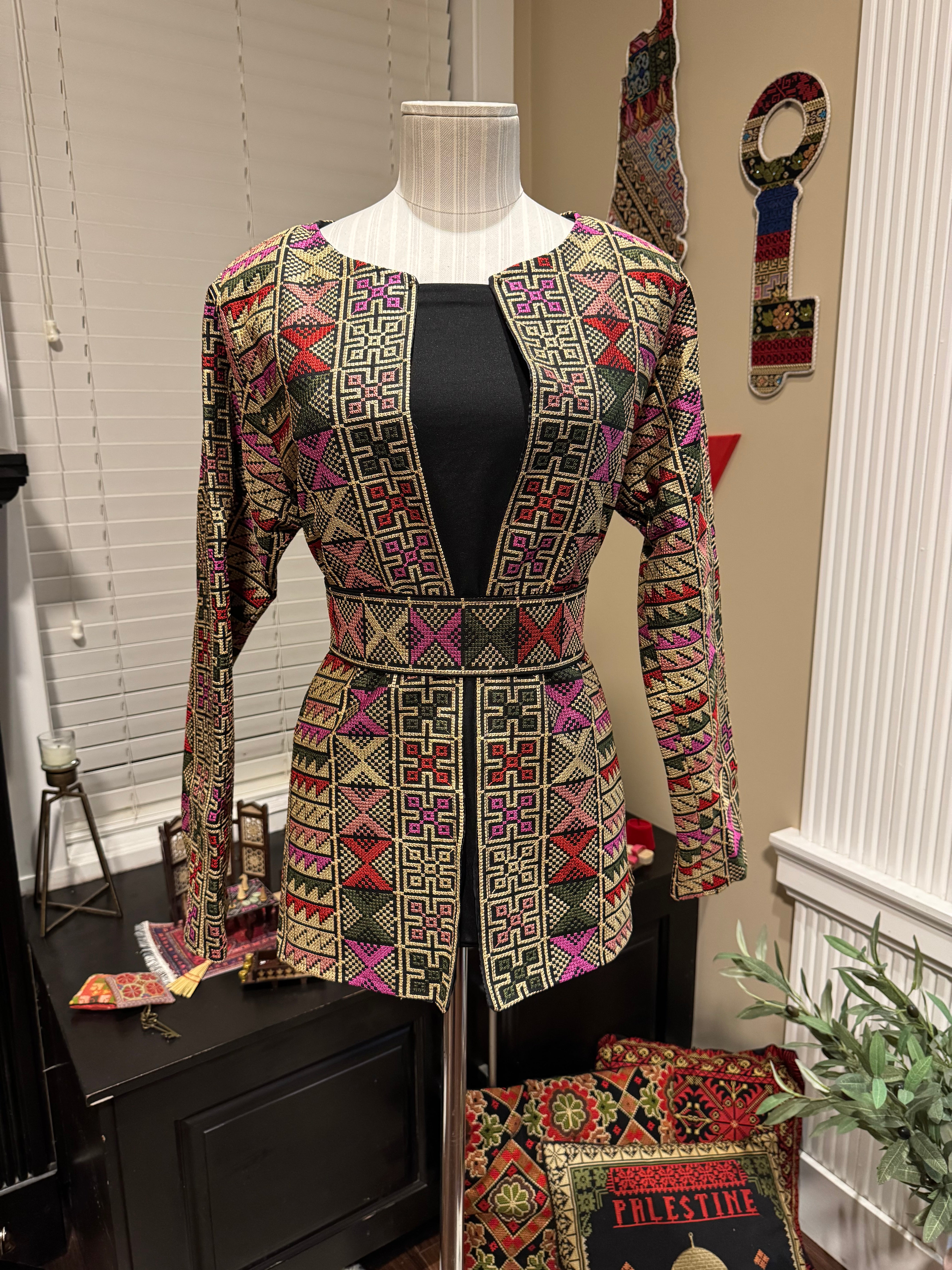 Palestinian Embroidery Blazer with belt .