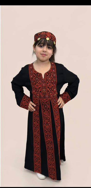 Embroidery Palestinian Girl Dress Thobe Tatreez with belt  (Black with  Red)ثوب بناتي