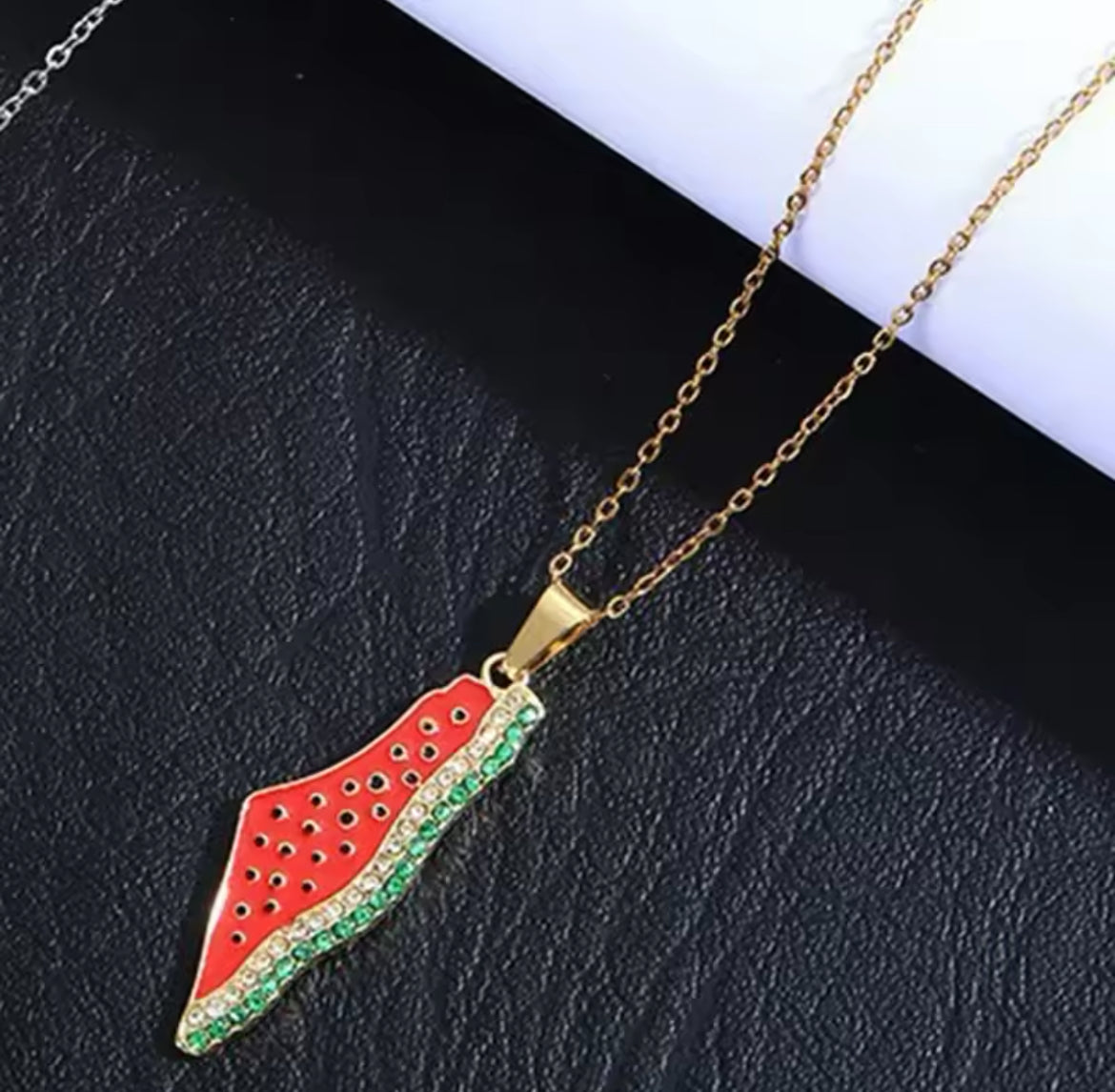 Gold Palestine Map Necklace – Watermelon Design with Rhinestone Accents 🍉