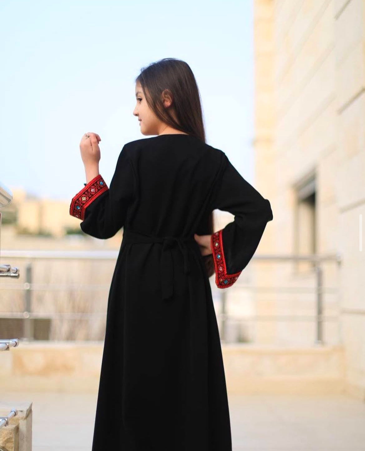 Embroidery Palestinian Girl Dress Thobe Tatreez  (Black with  Red)